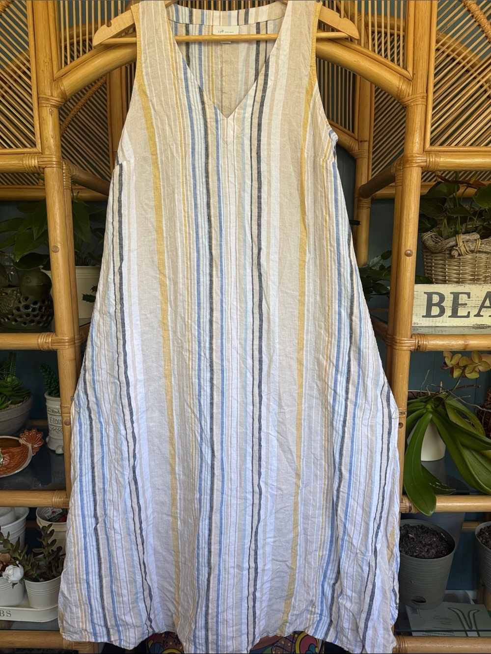 J. Jill Sleeveless V-Neck Striped Linen Dress in Blue, Yellow, White